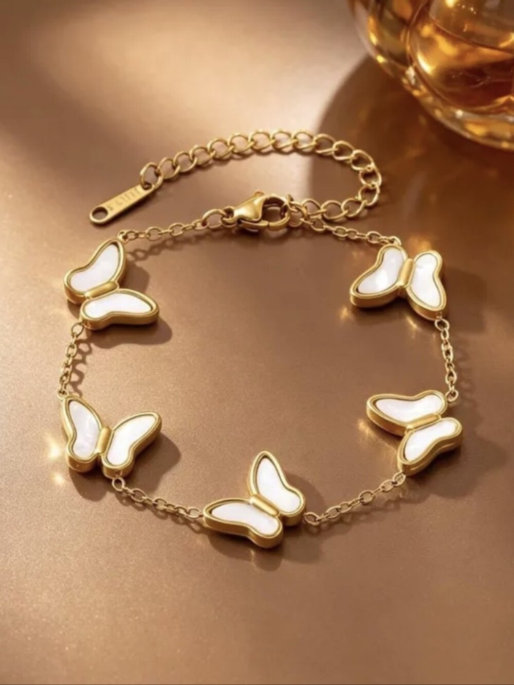 Gold Plated Mother of Pearl Butterfly Bracelet Stainless Steel